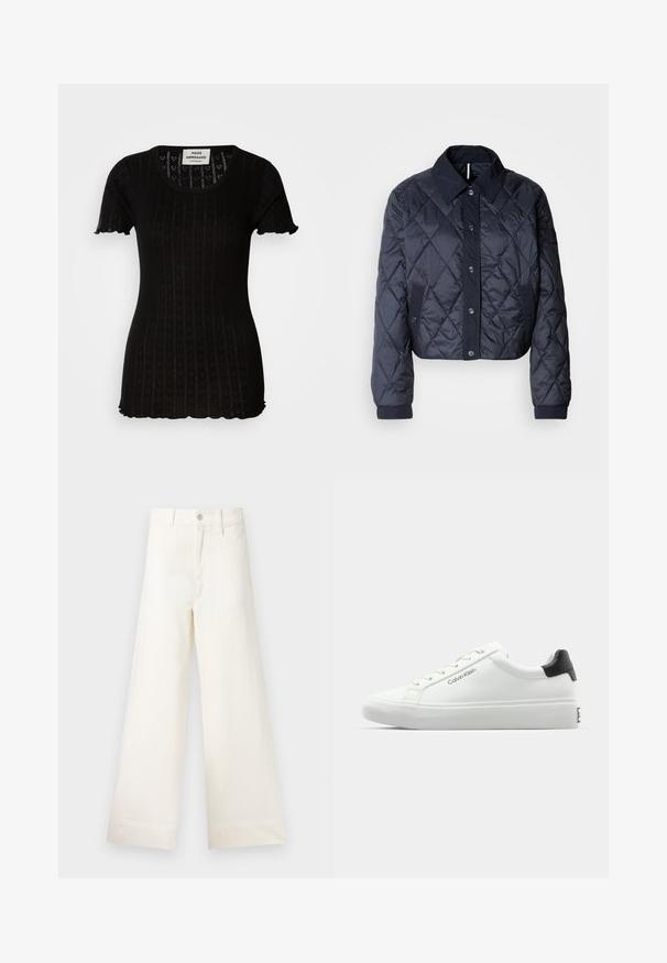 Giacca trapuntata blu navy con un ampio colletto, chiusura anteriore con bottoni e polsini elasticizzati. Presenta cuciture diagonali e tasche laterali. Tessuto morbido e liscio.; Top nero a maniche corte con una texture a coste, caratterizzato da motivi a cuore. Collo rotondo e bordi scallop sulle maniche e sull'orlo.; Pantaloni a gamba larga in cotone beige chiaro. Caratterizzati da vita alta, tasche anteriori e un taglio dritto. Orlo pulito senza motivi.; Sneaker bianca con finitura liscia, accentuazione nera sul tallone e design con lacci. Presenta il marchio "Calvin Klein" sul lato. Stile minimalista.