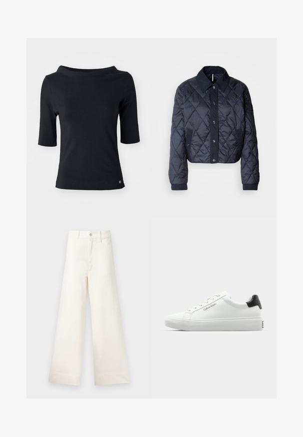 Granatowa pikowana kurtka z dużym kołnierzem, zapinana na guziki, z elastycznymi mankietami. Oferuje skośne przeszycia i boczne kieszenie. Miękka, gładka faktura.; Czarna koszulka z krótkim rękawem, wykonana z miękkiej bawełny, z szerokim dekoltem i małym logo przy dolnym zakończeniu. Gładka tekstura, klasyczny krój.; Szerokie spodnie w jasnym beżowym kolorze wykonane z bawełny. Charakteryzują się wysokim stanem, kieszeniami z przodu oraz prostym krojem. Czyste wykończenie brzegów bez wzorów.; Białe sneakersy o gładkim wykończeniu, z czarnym akcentem na pięcie i sznurowanym zapięciem. Posiadają branding "Calvin Klein" po bokach. Styl minimalistyczny.
