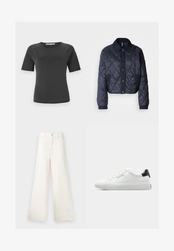 Mørkeblå quiltet jakke med en stor krave, knaplukning foran og elastiske manchetter. Har diagonal syning og sidelommer. Blød, glat tekstur.; Mørkegrå kortærmet t-shirt med rund halsudskæring, lavet af glat stof, med raglanærmer og et minimalistisk design.; Bredde benbukser i lys beige bomuld. Har høj talje, for- og baglommer samt lige pasform. Renset kantafslutning uden mønstre.; Hvid sneakers med en glat overflade, sort hælaccent og snørebåndsdesign. Har "Calvin Klein" branding på siden. Minimalistisk stil.