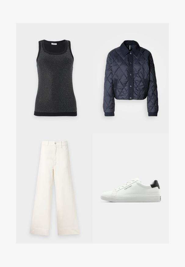 Giacca trapuntata blu navy con un ampio colletto, chiusura anteriore con bottoni e polsini elasticizzati. Presenta cuciture diagonali e tasche laterali. Tessuto morbido e liscio.; Canotta nera con design aderente e motivo testurizzato di piccoli puntini bianchi. Collo e orlo a coste.; Pantaloni a gamba larga in cotone beige chiaro. Caratterizzati da vita alta, tasche anteriori e un taglio dritto. Orlo pulito senza motivi.; Sneaker bianca con finitura liscia, accentuazione nera sul tallone e design con lacci. Presenta il marchio "Calvin Klein" sul lato. Stile minimalista.