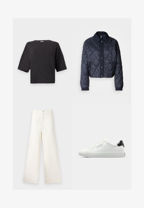Navy blue quilted jacket with a large collar, button front, and elastic cuffs. Features diagonal stitching and side pockets. Soft, smooth texture.; Black cropped t-shirt made of cotton, featuring a round neckline and short sleeves with a relaxed fit. Smooth texture, no patterns or accents.; Wide-leg trousers in light beige cotton. Features a high waist, front pockets, and a straight cut. Clean hem finishing without patterns.; White sneaker with a smooth finish, black heel accent, and lace-up design. Features "Calvin Klein" branding on the side. Minimalist style.
