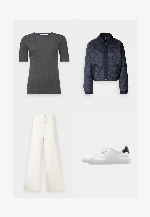 Navy blue quilted jacket with a large collar, button front, and elastic cuffs. Features diagonal stitching and side pockets. Soft, smooth texture.; Gray short-sleeve t-shirt made of soft, stretchy fabric with a round neckline and a fitted shape, featuring a smooth texture and minimal design.; Wide-leg trousers in light beige cotton. Features a high waist, front pockets, and a straight cut. Clean hem finishing without patterns.; White sneaker with a smooth finish, black heel accent, and lace-up design. Features "Calvin Klein" branding on the side. Minimalist style.