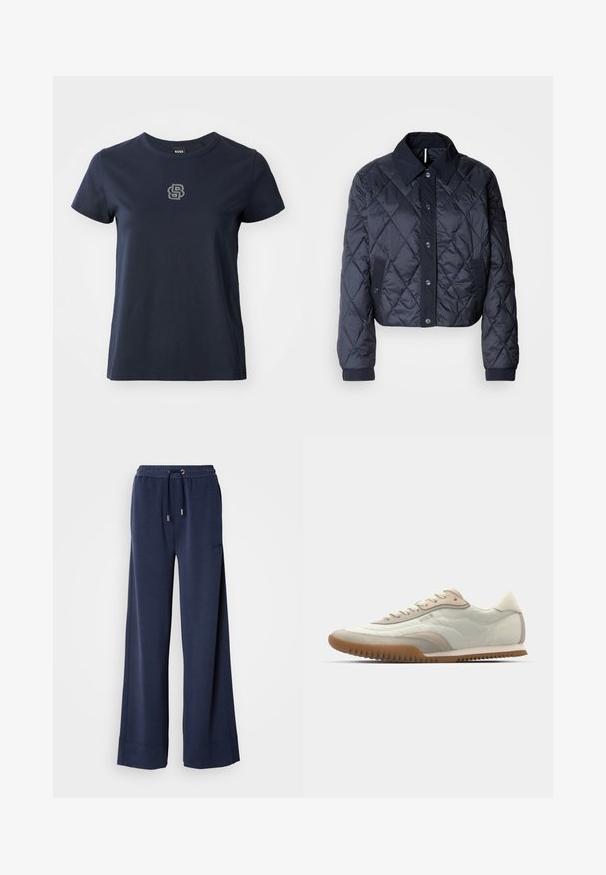 Navy blue quilted jacket with a large collar, button front, and elastic cuffs. Features diagonal stitching and side pockets. Soft, smooth texture.; Navy blue cotton t-shirt with short sleeves, rounded neckline, and a small rhinestone logo on the left chest area.; Navy wide-leg pants made from soft fabric featuring an elastic waistband with a drawstring and logo detail on the front left leg.; White and beige sneaker featuring a smooth upper with suede accents, a textured sole, and tonal stitching. Lace-up closure with logo detail.