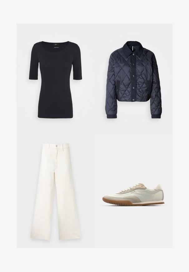 Navy blue quilted jacket with a large collar, button front, and elastic cuffs. Features diagonal stitching and side pockets. Soft, smooth texture.; Black, fitted t-shirt made from soft cotton fabric. Features a round neckline and short sleeves, with smooth texture and no visible patterns.; Wide-leg trousers in light beige cotton. Features a high waist, front pockets, and a straight cut. Clean hem finishing without patterns.; White and beige sneaker featuring a smooth upper with suede accents, a textured sole, and tonal stitching. Lace-up closure with logo detail.