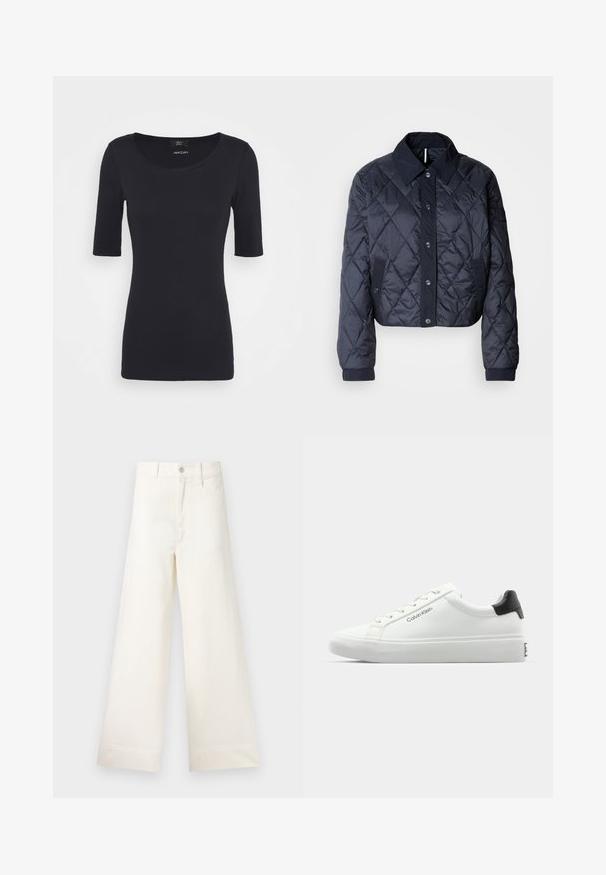 Mørkeblå quiltet jakke med en stor krave, knaplukning foran og elastiske manchetter. Har diagonal syning og sidelommer. Blød, glat tekstur.; Sort, tætsiddende T-shirt lavet af blødt bomuldsstof. Har en rund halsudskæring og korte ærmer, med en glat overflade og uden synlige mønstre.; Bredde benbukser i lys beige bomuld. Har høj talje, for- og baglommer samt lige pasform. Renset kantafslutning uden mønstre.; Hvid sneakers med en glat overflade, sort hælaccent og snørebåndsdesign. Har "Calvin Klein" branding på siden. Minimalistisk stil.