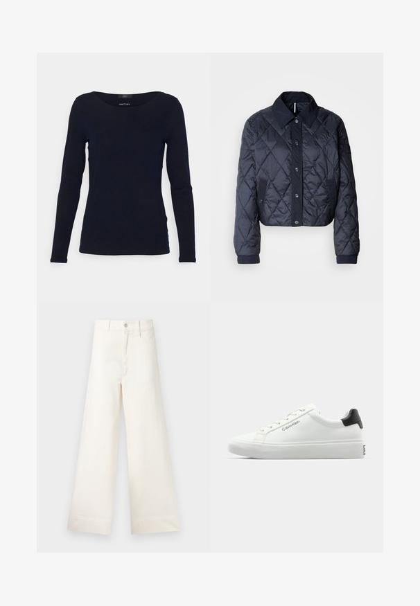 Ναυτικών μπλε καπιτονέ μπουφάν με μεγάλο γιακά, κουμπιά μπροστά και ελαστικές μανσέτες. Διαθέτει διαγώνιες ραφές και πλαϊνές τσέπες. Μαλακή, λεία υφή.; Ναυτικό μπλουζάκι με μακριά μανίκια και φαρδιά στρογγυλή λαιμόκοψη. Φτιαγμένο από λεία ύφανση, έχει εφαρμοστή γραμμή και μίνιμαλ σχεδίαση χωρίς στολίσματα.; Φαρδιές παντελόνες από ανοιχτό μπεζ βαμβάκι. Διαθέτουν ψηλή μέση, μπροστινές τσέπες και ευθεία γραμμή. Καθαρό τελείωμα χωρίς σχέδια.; Λευκό αθλητικό παπούτσι με λεία φινίρισμα, μαύρη λεπτομέρεια στη φτέρνα και σχέδιο που δένει με κορδόνια. Φέρει το λογότυπο "Calvin Klein" στην πλευρά. Μινιμαλιστικός σχεδιασμός.