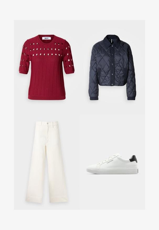 Ναυτικών μπλε καπιτονέ μπουφάν με μεγάλο γιακά, κουμπιά μπροστά και ελαστικές μανσέτες. Διαθέτει διαγώνιες ραφές και πλαϊνές τσέπες. Μαλακή, λεία υφή.; Κόκκινο πλεκτό πουλόβερ με κοντά μανίκια, με υφασμάτινη υφή και ανοίγματα σε σχέδιο στην περιοχή του στήθους και των μανικιών.; Φαρδιές παντελόνες από ανοιχτό μπεζ βαμβάκι. Διαθέτουν ψηλή μέση, μπροστινές τσέπες και ευθεία γραμμή. Καθαρό τελείωμα χωρίς σχέδια.; Λευκό αθλητικό παπούτσι με λεία φινίρισμα, μαύρη λεπτομέρεια στη φτέρνα και σχέδιο που δένει με κορδόνια. Φέρει το λογότυπο "Calvin Klein" στην πλευρά. Μινιμαλιστικός σχεδιασμός.