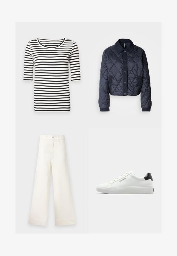 Tamno plava jakna sa kvadratićastim uzorkom, velikim ovratnikom, dugmadi sprijeda i elastičnim manžetama. Ima dijagonalne šavove i bočne džepove. Mekana, glatka tekstura.; Crno-bijela prugasta majica s okruglim izrezom i rukavima duljine do pola podlaktice. Glatki pamučni materijal s uskim krojem.; Hlače širokih nogavica u svijetloj bež pamučnoj tkanini. Imaju visoki struk, prednje džepove i ravni kroj. Čista obruba bez uzoraka.; Bijele tenisice s glatkom površinom, crnim naglaskom na peti i dizajnom vezanja. Sadrže "Calvin Klein" oznaku sa strane. Minimalistički stil.