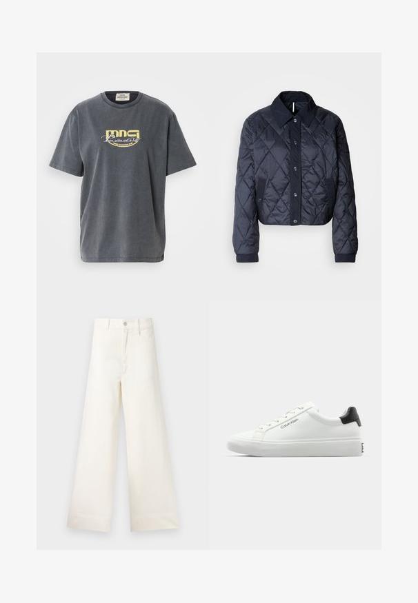 Tumedat sinise värvi tikandiga jakk suure krae, nööpidega esituse ja elastsete mansettidega. Omab diagonaalõmblusi ja küljetaskuid. Pehme, sile tekstuur.; Halleri puuvillane T-särk lühikeste varrukatega. Esiküljel on kollane graafikatrükk, mis ütleb "MNG Paradise Disco Dancing Club".; Laiad püksid heleses puuvillas. Omavad kõrget vööd, ees on taskud ja sirge lõige. Puhtad ääred ilma mustriteta.; Valge tennisekenks, millel on sile viimistlus, must kontsatarvik ja paelaga disain. Küljel on "Calvin Klein" bränditus. Minimalistlik stiil.