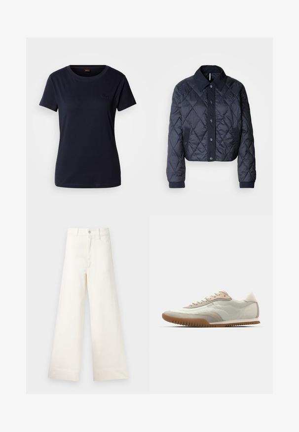 Tamsiai mėlynas paminkštintas švarkas su didele apykakle, mygtukų uždarymu ir elastingomis rankovėmis. Pasižymi įstrižainiais siūlais ir šoninėmis kišenėmis. Minkšta, lygi tekstūra.; Tamsiai mėlynas trumpomis rankovėmis marškinėlis, pagamintas iš medvilnės, su apvaliu kaklu ir mažu išsiuvinėtu logotipu ant krūtinės. Lygus paviršius.; Platus kojų kelnes šviesiai smėlio spalvos medvilnės. Aukšta juosmens linija, priekinės kišenės ir tiesus kirpimas. Švarus apvadas be raštų.; Baltos ir kreminės spalvos sportbačiai su lygiu paviršiumi ir zomšiniu akcentu, su tekstūruotu padu ir toniniu siuvimu. Raštuotas užsegimas su logotipo detale.