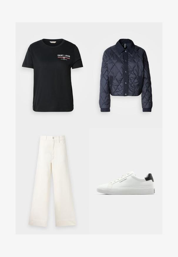 Mørkeblå quiltet jakke med en stor krave, knaplukning foran og elastiske manchetter. Har diagonal syning og sidelommer. Blød, glat tekstur.; Sort bomulds T-shirt med rund hals, korte ærmer, der har et hvidt og rødt "GANT 1949" logo og tekst på venstre bryst.; Bredde benbukser i lys beige bomuld. Har høj talje, for- og baglommer samt lige pasform. Renset kantafslutning uden mønstre.; Hvid sneakers med en glat overflade, sort hælaccent og snørebåndsdesign. Har "Calvin Klein" branding på siden. Minimalistisk stil.