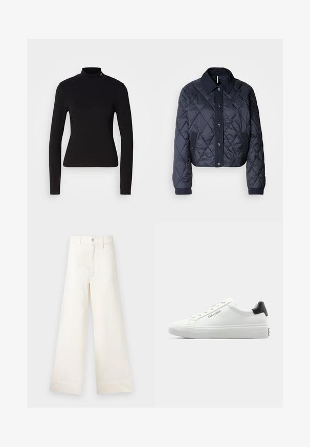 Tumedat sinise värvi tikandiga jakk suure krae, nööpidega esituse ja elastsete mansettidega. Omab diagonaalõmblusi ja küljetaskuid. Pehme, sile tekstuur.; Must matte pikem varrukaga kõrge kaelusega topp, mis on valmistatud siledast kangast, omades istuvat disaini ja väikest logo aktsenti kaeluse lähedal.; Laiad püksid heleses puuvillas. Omavad kõrget vööd, ees on taskud ja sirge lõige. Puhtad ääred ilma mustriteta.; Valge tennisekenks, millel on sile viimistlus, must kontsatarvik ja paelaga disain. Küljel on "Calvin Klein" bränditus. Minimalistlik stiil.