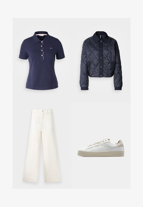 Mornarsko modra kvačkana jakna z velikim ovratnikom, gumbi spredaj in elastičnimi manšetami. Ima diagonalno šivanje in stranske žepe. Mehka, gladka tekstura.; Temno modra bombažna polo majica s klasičnim ovratnikom, tremi gumbi in rožnato črto ob ovratniku. Ima majhen logotip na prsih.; Široke hlače iz svetlo bež bombaža. Imajo visoko pas, sprednje žepke in ravno krojenje. Čist zaključek brez vzorcev.; Bela usnjena športna obutev z gladko površino, bež semiš detajli, okroglo prst, ravna vezna zasnova in teksturiran gumijast podplat.