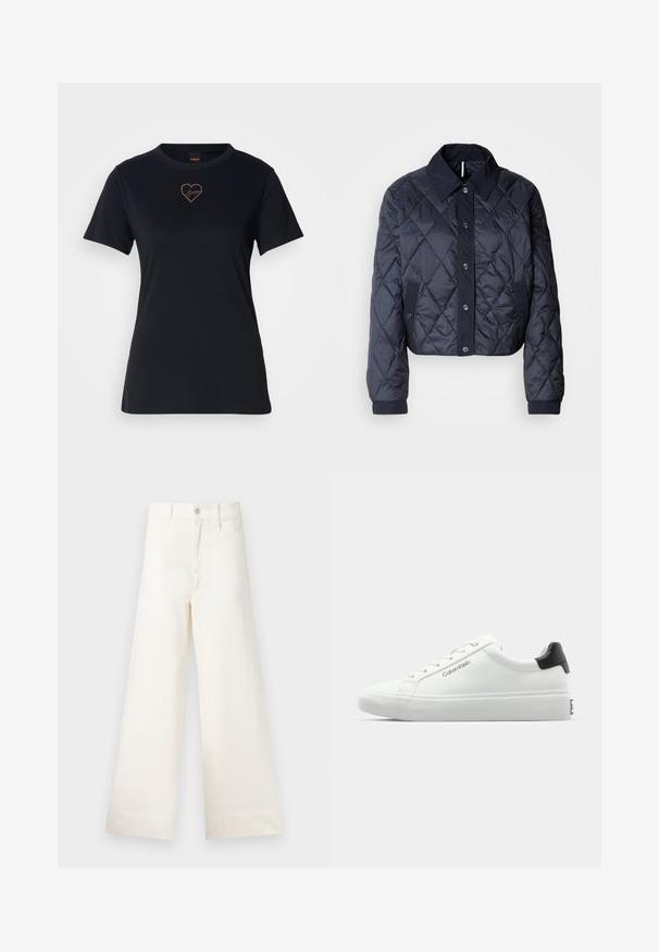 Navy blue quilted jacket with a large collar, button front, and elastic cuffs. Features diagonal stitching and side pockets. Soft, smooth texture.; Black cotton t-shirt with a crew neck, short sleeves, and a heart-shaped logo embroidered in rose gold on the chest.; Wide-leg trousers in light beige cotton. Features a high waist, front pockets, and a straight cut. Clean hem finishing without patterns.; White sneaker with a smooth finish, black heel accent, and lace-up design. Features "Calvin Klein" branding on the side. Minimalist style.