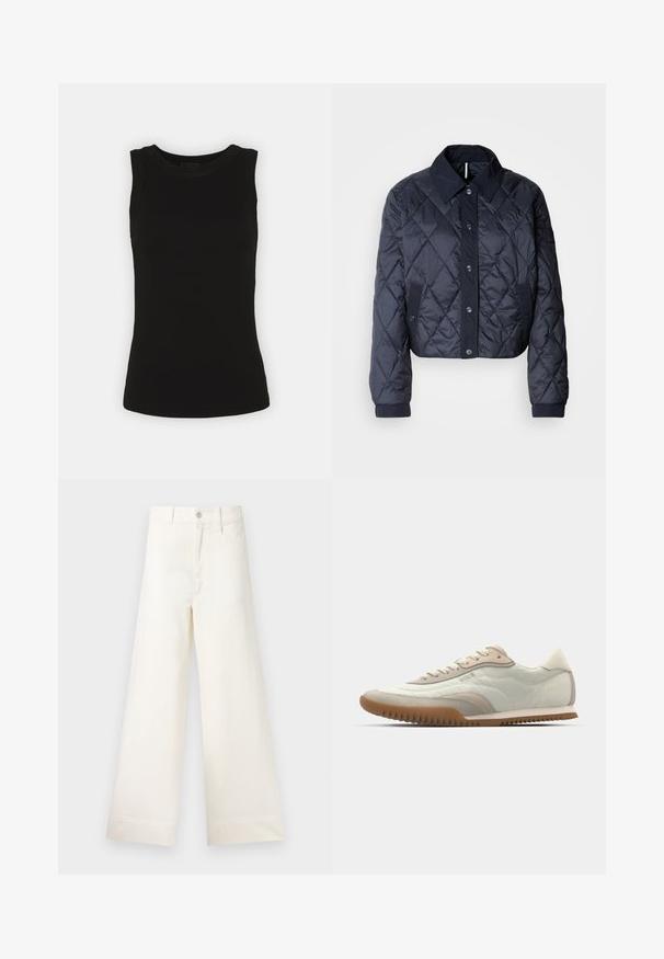 Navy blue quilted jacket with a large collar, button front, and elastic cuffs. Features diagonal stitching and side pockets. Soft, smooth texture.; Black sleeveless tank top made of ribbed cotton, featuring a rounded neckline and a fitted silhouette.; Wide-leg trousers in light beige cotton. Features a high waist, front pockets, and a straight cut. Clean hem finishing without patterns.; White and beige sneaker featuring a smooth upper with suede accents, a textured sole, and tonal stitching. Lace-up closure with logo detail.