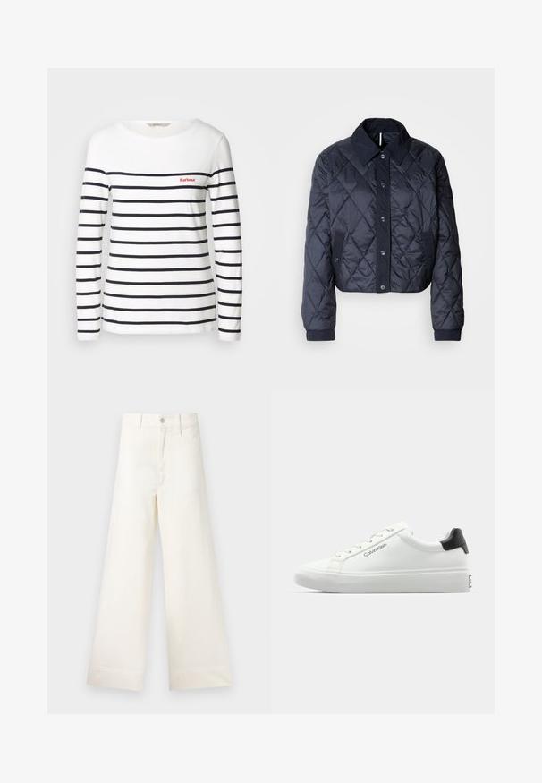 Marineblauer, gesteppter Regenmantel mit großem Kragen, Knopfverschluss vorne und elastischen Manschetten. Mit diagonaler Naht und Seitentaschen. Weiche, glatte Textur.; Langärmeliges gestreiftes T-Shirt aus weißer Baumwolle mit horizontalen dunkelblauen Streifen und einem kleinen roten Logo auf der Brust. Klassischer Rundhalsausschnitt.; Weite Hosen aus hellem beigen Baumwollstoff. Mit hoher Taille, vorderen Taschen und geradem Schnitt. Saubere Saumverarbeitung ohne Muster.; Weißer Sneaker mit glatter Oberfläche, schwarzem Absatz und Schnürdesign. Mit "Calvin Klein"-Branding an der Seite. Minimalistischer Stil.