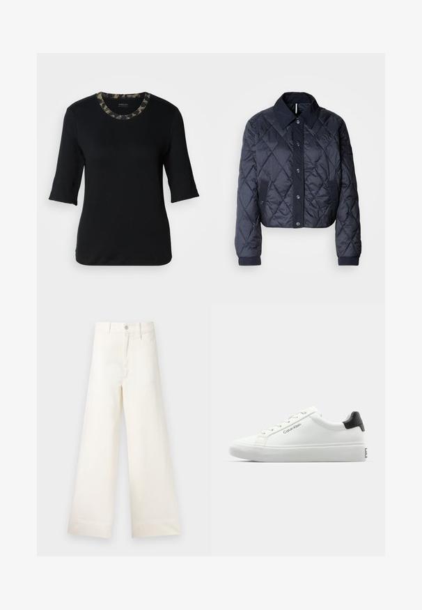 Granatowa pikowana kurtka z dużym kołnierzem, zapinana na guziki, z elastycznymi mankietami. Oferuje skośne przeszycia i boczne kieszenie. Miękka, gładka faktura.; Czarna koszulka z krótkim rękawem i okrągłym dekoltem, z kołnierzykiem w wzór kamuflażu. Wykonana z miękkiego, elastycznego materiału o gładkiej fakturze.; Szerokie spodnie w jasnym beżowym kolorze wykonane z bawełny. Charakteryzują się wysokim stanem, kieszeniami z przodu oraz prostym krojem. Czyste wykończenie brzegów bez wzorów.; Białe sneakersy o gładkim wykończeniu, z czarnym akcentem na pięcie i sznurowanym zapięciem. Posiadają branding "Calvin Klein" po bokach. Styl minimalistyczny.