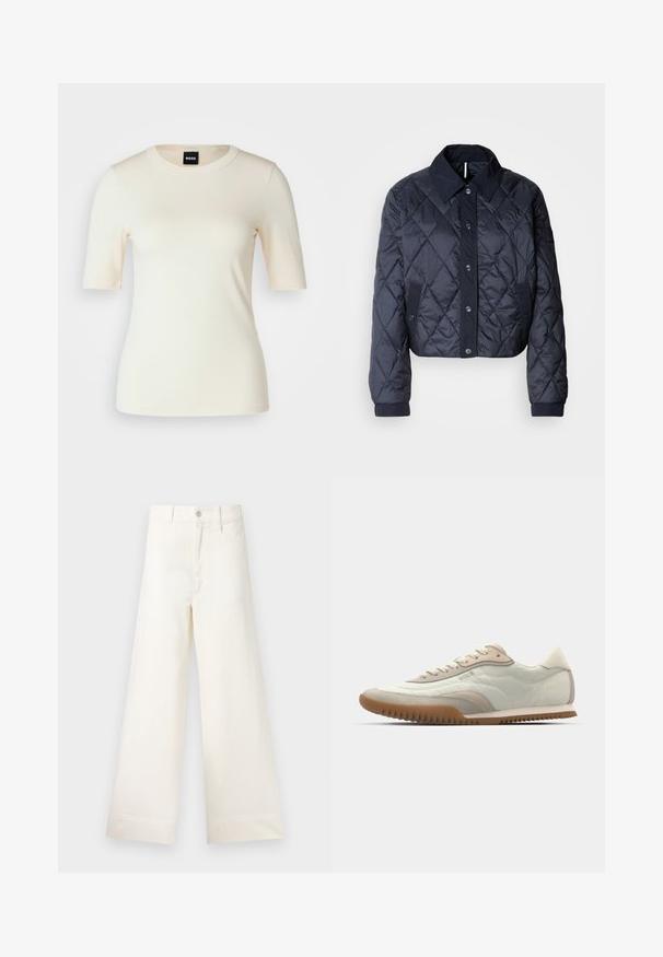 Tamsiai mėlynas paminkštintas švarkas su didele apykakle, mygtukų uždarymu ir elastingomis rankovėmis. Pasižymi įstrižainiais siūlais ir šoninėmis kišenėmis. Minkšta, lygi tekstūra.; BOSS EFITA - Paprasti marškinėliai - open yellow; Platus kojų kelnes šviesiai smėlio spalvos medvilnės. Aukšta juosmens linija, priekinės kišenės ir tiesus kirpimas. Švarus apvadas be raštų.; Baltos ir kreminės spalvos sportbačiai su lygiu paviršiumi ir zomšiniu akcentu, su tekstūruotu padu ir toniniu siuvimu. Raštuotas užsegimas su logotipo detale.