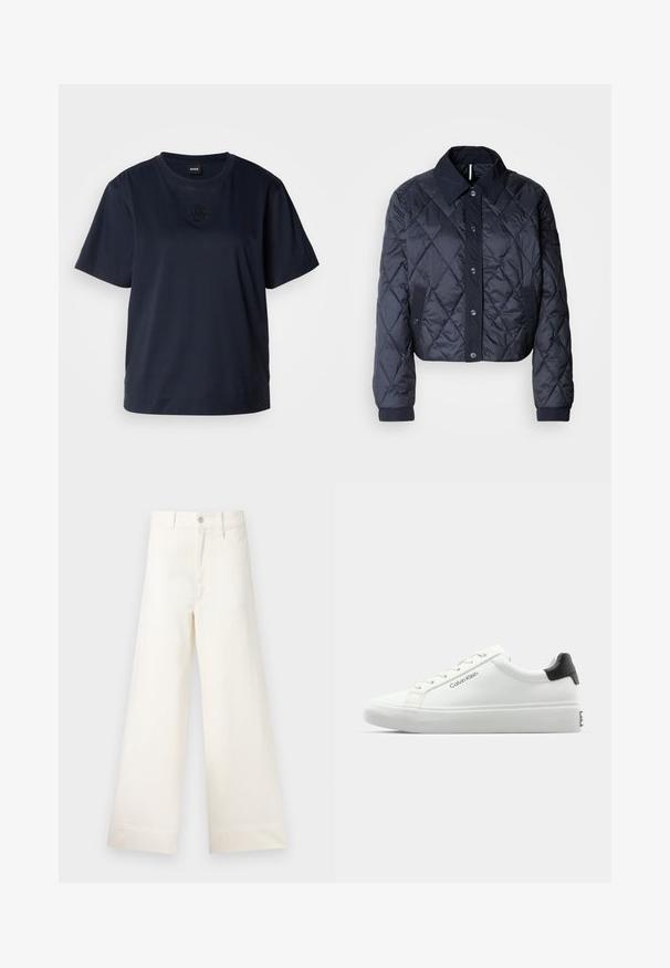 Navy blue quilted jacket with a large collar, button front, and elastic cuffs. Features diagonal stitching and side pockets. Soft, smooth texture.; Navy blue short-sleeve t-shirt made of soft cotton. Features a rounded neckline and a subtle embroidered logo on the chest.; Wide-leg trousers in light beige cotton. Features a high waist, front pockets, and a straight cut. Clean hem finishing without patterns.; White sneaker with a smooth finish, black heel accent, and lace-up design. Features "Calvin Klein" branding on the side. Minimalist style.
