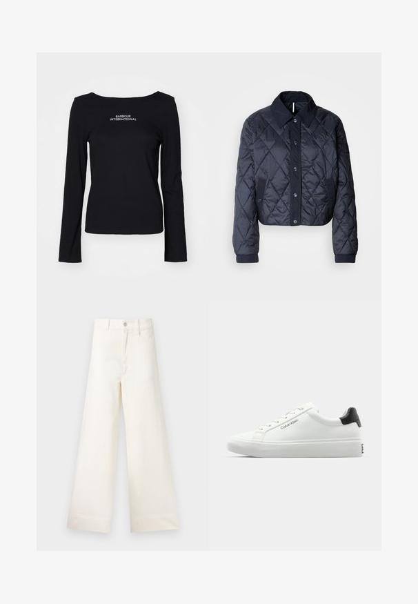 Navy blue quilted jacket with a large collar, button front, and elastic cuffs. Features diagonal stitching and side pockets. Soft, smooth texture.; Black long-sleeve top made of lightweight fabric. Features a scoop neckline and white embroidered "BARBOUR INTERNATIONAL" logo on the chest.; Wide-leg trousers in light beige cotton. Features a high waist, front pockets, and a straight cut. Clean hem finishing without patterns.; White sneaker with a smooth finish, black heel accent, and lace-up design. Features "Calvin Klein" branding on the side. Minimalist style.