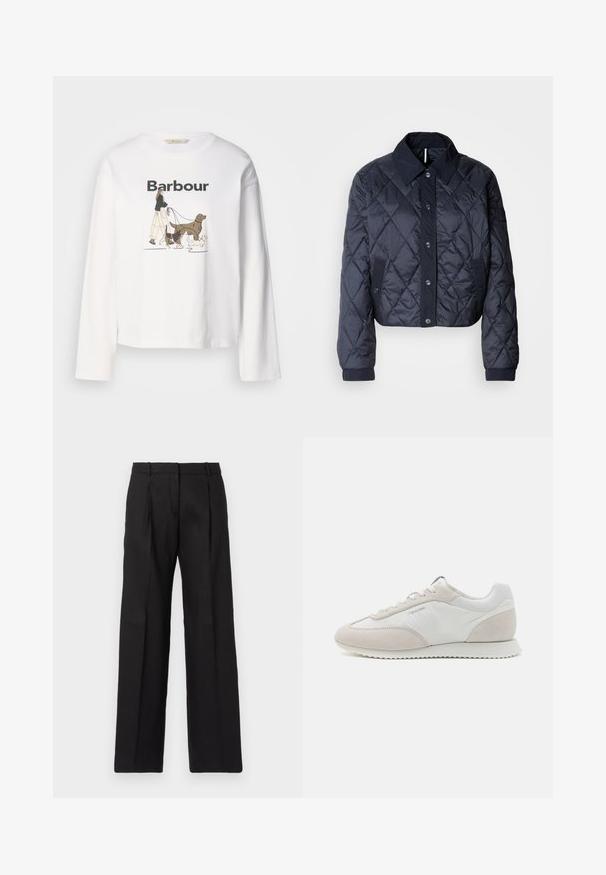 Ναυτικών μπλε καπιτονέ μπουφάν με μεγάλο γιακά, κουμπιά μπροστά και ελαστικές μανσέτες. Διαθέτει διαγώνιες ραφές και πλαϊνές τσέπες. Μαλακή, λεία υφή.; Λευκό μακρυμάνικο μπλουζάκι με γραφικό ενός ατόμου που περπατά τρία σκυλιά, με τη λέξη "Barbour" τυπωμένη από πάνω σε μαύρο χρώμα.; Μαύρο κομμένο παντελόνι με ίσια γραμμή, με κοφτές πιέτες και λεία υφή. Κατασκευασμένο από ελαφρύ ύφασμα.; Απαλά χρωματισμένα αθλητικά παπούτσια που συνδυάζουν λευκό δέρμα και μπεζ σουέντ, με υφασμάτινη σόλα και ελάχιστη σήμανση στο πλάι.