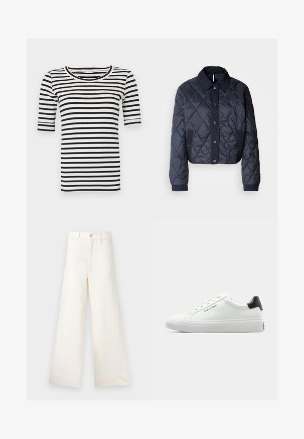 Marineblauer, gesteppter Regenmantel mit großem Kragen, Knopfverschluss vorne und elastischen Manschetten. Mit diagonaler Naht und Seitentaschen. Weiche, glatte Textur.; Schwarz-weißer gestreifter T-Shirt mit rundem Ausschnitt und kurzen Ärmeln. Hergestellt aus weicher Baumwolle, mit horizontalen Streifen und minimaler Naht.; Weite Hosen aus hellem beigen Baumwollstoff. Mit hoher Taille, vorderen Taschen und geradem Schnitt. Saubere Saumverarbeitung ohne Muster.; Weißer Sneaker mit glatter Oberfläche, schwarzem Absatz und Schnürdesign. Mit "Calvin Klein"-Branding an der Seite. Minimalistischer Stil.