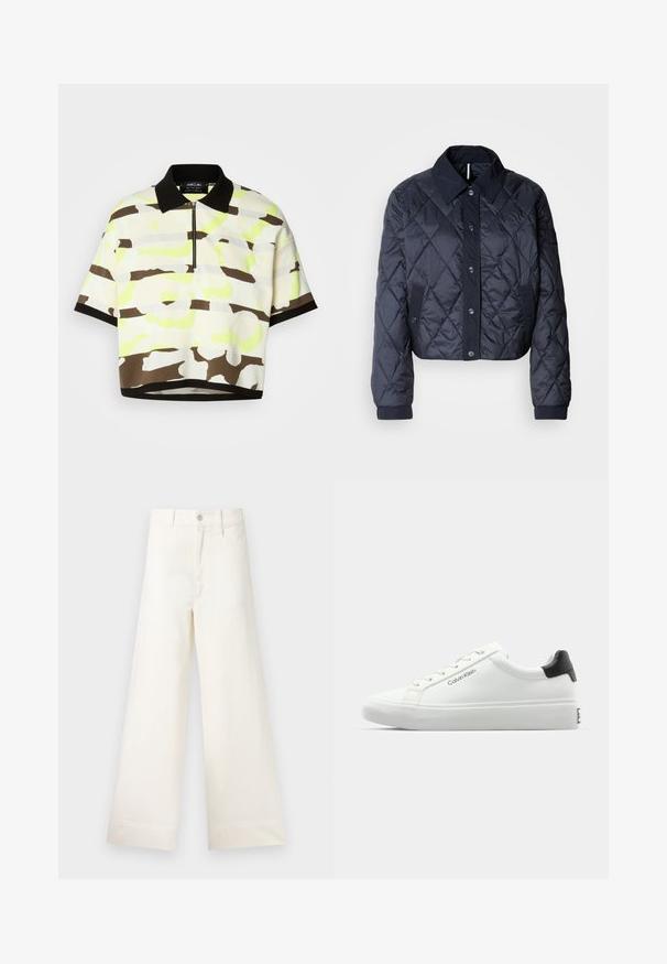 Granatowa pikowana kurtka z dużym kołnierzem, zapinana na guziki, z elastycznymi mankietami. Oferuje skośne przeszycia i boczne kieszenie. Miękka, gładka faktura.; Koszulka polo z krótkim rękawem wykonana z lekkiego materiału, z wyrazistym abstrakcyjnym wzorem w kolorach żółtym, brązowym i szarym, z czarnym kołnierzykiem i zapięciem na zamek.; Szerokie spodnie w jasnym beżowym kolorze wykonane z bawełny. Charakteryzują się wysokim stanem, kieszeniami z przodu oraz prostym krojem. Czyste wykończenie brzegów bez wzorów.; Białe sneakersy o gładkim wykończeniu, z czarnym akcentem na pięcie i sznurowanym zapięciem. Posiadają branding "Calvin Klein" po bokach. Styl minimalistyczny.