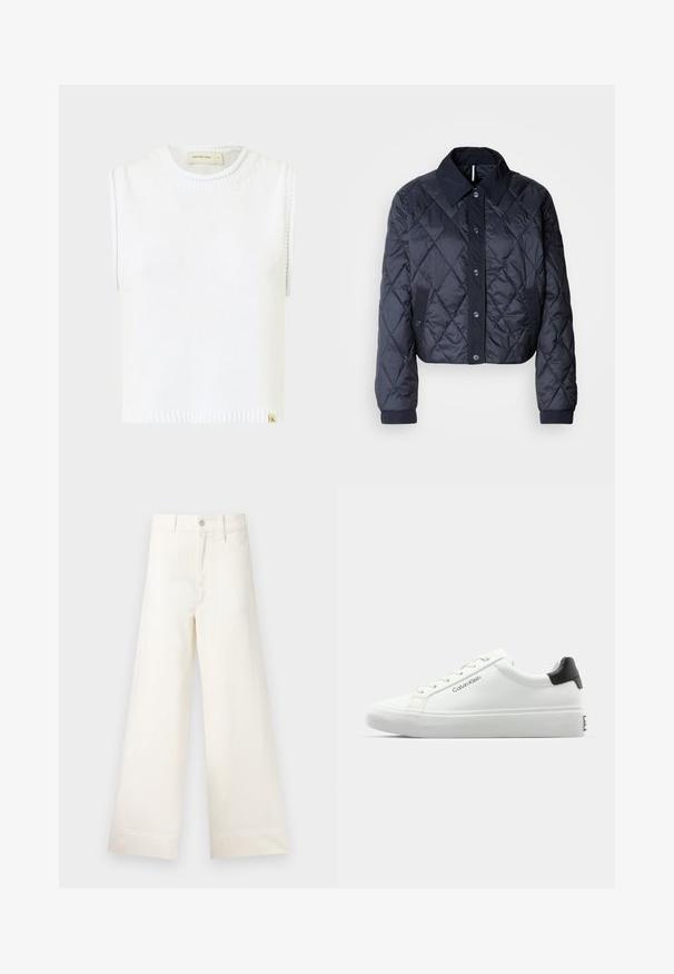 Marineblauer, gesteppter Regenmantel mit großem Kragen, Knopfverschluss vorne und elastischen Manschetten. Mit diagonaler Naht und Seitentaschen. Weiche, glatte Textur.; Weißes ärmelloses Strickoberteil mit rundem Ausschnitt, geripptem Saum und seitlichen Nähdetails; verfügt über ein kleines Markenetikett am unteren Ende.; Weite Hosen aus hellem beigen Baumwollstoff. Mit hoher Taille, vorderen Taschen und geradem Schnitt. Saubere Saumverarbeitung ohne Muster.; Weißer Sneaker mit glatter Oberfläche, schwarzem Absatz und Schnürdesign. Mit "Calvin Klein"-Branding an der Seite. Minimalistischer Stil.