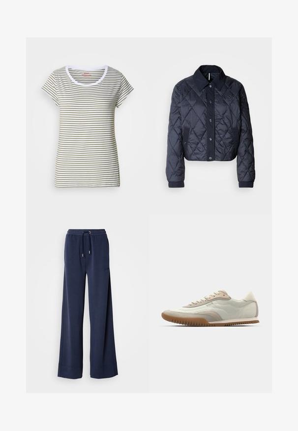 Tmavě modrá prošívaná bunda s velkým límcem, zapínáním na knoflíky a elastickými manžetami. Má diagonální prošití a boční kapsy. Měkká, hladká textura.; Proužkované tričko vyrobené z měkké bavlny, s horizontálními bílými a olivově zelenými pruhy, kulatým výstřihem a krátkými rukávy.; Námořnické volné kalhoty vyrobené z měkké látky, s elastickým pasem a stahovací šňůrkou, s logem na přední levé noze.; Bílé a béžové sneakers s hladkým svrškem a semišovými detaily, strukturovanou podešví a tónovaným prošíváním. Šněrování s logem.
