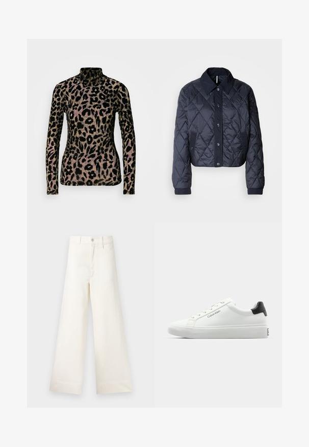 Navy blue quilted jacket with a large collar, button front, and elastic cuffs. Features diagonal stitching and side pockets. Soft, smooth texture.; Leopard print long sleeve top in black and tan, made from a soft, textured fabric. Features a high neckline and fitted silhouette.; Wide-leg trousers in light beige cotton. Features a high waist, front pockets, and a straight cut. Clean hem finishing without patterns.; White sneaker with a smooth finish, black heel accent, and lace-up design. Features "Calvin Klein" branding on the side. Minimalist style.