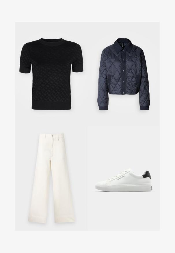 Sötétkék steppelt dzseki nagy gallérral, gombos elülső résszel és rugalmas mandzsettákkal. Áttört varrásokkal és oldalsó zsebekkel rendelkezik. Puha, sima textúrájú.; Fekete, rövid ujjú kötött pulóver, texturált mintázattal, kerek nyakkivágással, bordázott aljjal és ujjal, testhezálló fazonnal.; Világos bézs pamut széles lábú nadrág. Magas derék, elülső zsebek és egyenes vonalú fazon jellemzi. Tiszta, mintázat nélküli hem befejezés.; Fehér sneaker sima felülettel, fekete sarok akcentussal és fűzős dizájnnal. Oldalán "Calvin Klein" márkázás található. Minimalista stílus.