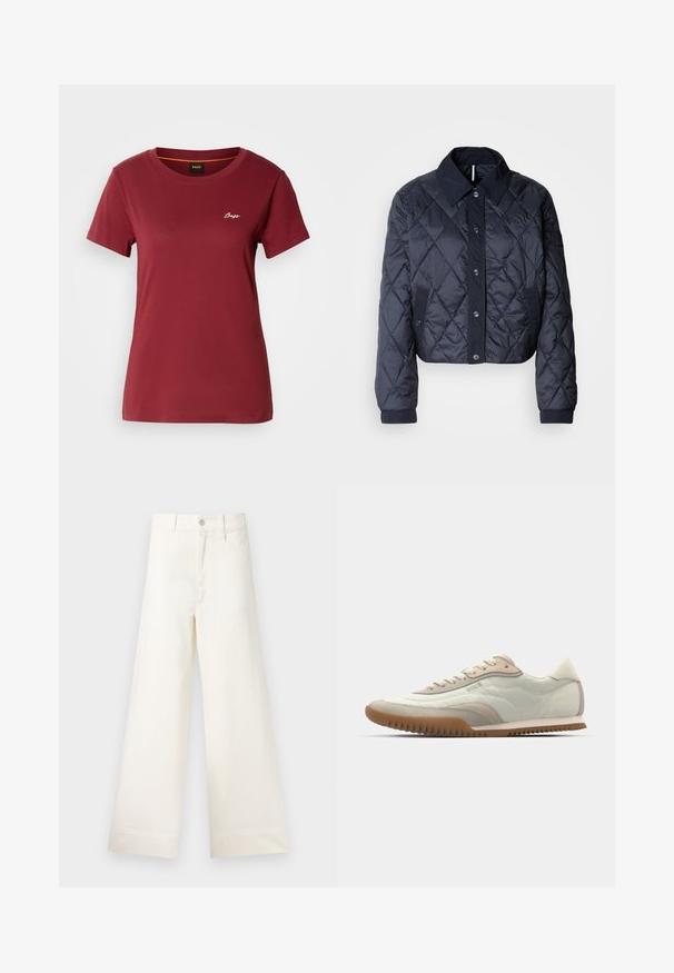 Tamsiai mėlynas paminkštintas švarkas su didele apykakle, mygtukų uždarymu ir elastingomis rankovėmis. Pasižymi įstrižainiais siūlais ir šoninėmis kišenėmis. Minkšta, lygi tekstūra.; Bordo trumpas rankovėmis marškinėliai, pagaminti iš minkštos medvilnės, su apvaliu iškirpimu ir mažu baltu "Boss" ženklu ant krūtinės.; Platus kojų kelnes šviesiai smėlio spalvos medvilnės. Aukšta juosmens linija, priekinės kišenės ir tiesus kirpimas. Švarus apvadas be raštų.; Baltos ir kreminės spalvos sportbačiai su lygiu paviršiumi ir zomšiniu akcentu, su tekstūruotu padu ir toniniu siuvimu. Raštuotas užsegimas su logotipo detale.