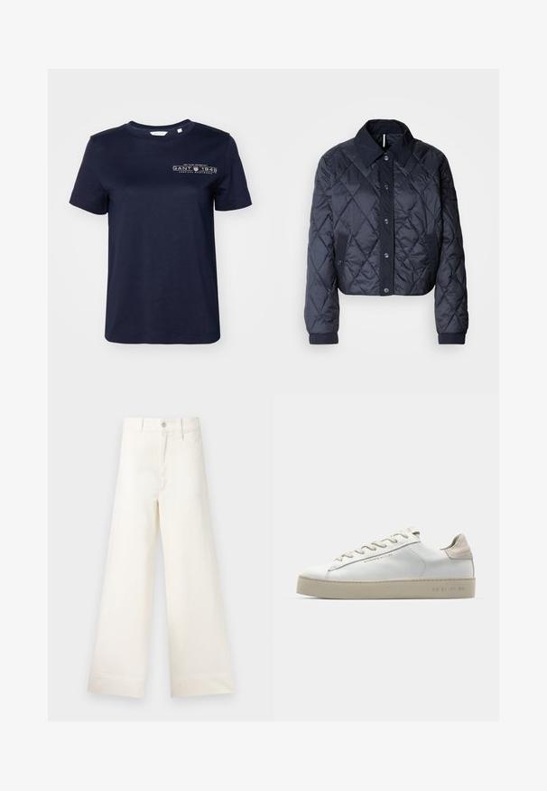 Tamno plava jakna sa kvadratićastim uzorkom, velikim ovratnikom, dugmadi sprijeda i elastičnim manžetama. Ima dijagonalne šavove i bočne džepove. Mekana, glatka tekstura.; Tamno plavi pamučni majica s kratkim rukavima, okruglim izrezom i otisnutim logotipom "GANT 1949" na lijevoj strani prsnog koša. Glatka tekstura.; Hlače širokih nogavica u svijetloj bež pamučnoj tkanini. Imaju visoki struk, prednje džepove i ravni kroj. Čista obruba bez uzoraka.; Bijele kožne tenisice s glatkom površinom, bež nubuk detalji, okrugli vrh, ravni dizajn s vezicama i strukturirana gumena potplat.