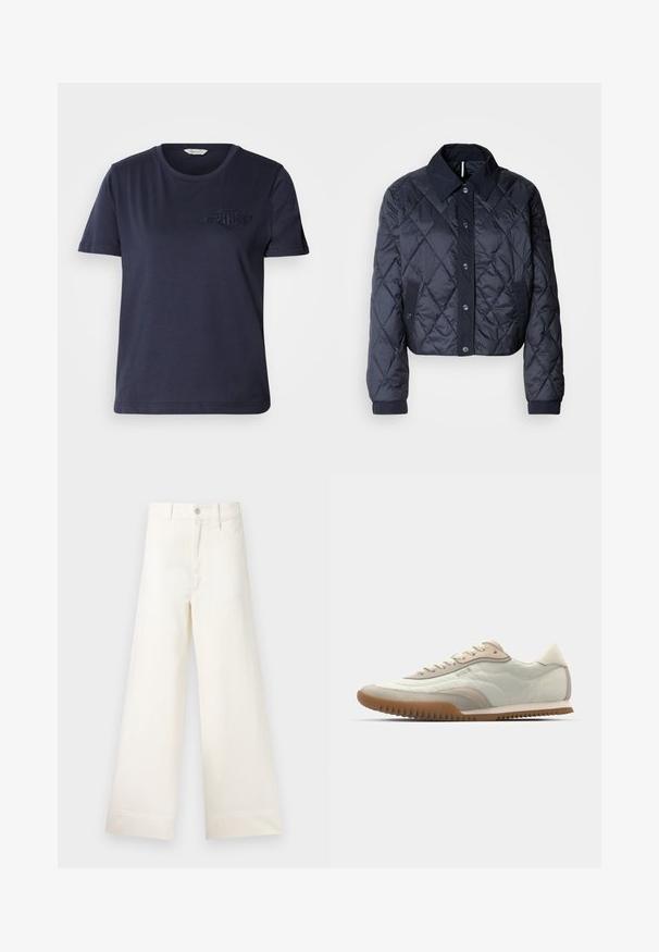 Tamsiai mėlynas paminkštintas švarkas su didele apykakle, mygtukų uždarymu ir elastingomis rankovėmis. Pasižymi įstrižainiais siūlais ir šoninėmis kišenėmis. Minkšta, lygi tekstūra.; Tamsiai mėlyna medvilninė marškinėliai su apvalia iškirpte, trumpomis rankovėmis ir išsiuvinėtu logotipu kairėje krūtinės pusėje. Lygus paviršius ir laisvas siluetas.; Platus kojų kelnes šviesiai smėlio spalvos medvilnės. Aukšta juosmens linija, priekinės kišenės ir tiesus kirpimas. Švarus apvadas be raštų.; Baltos ir kreminės spalvos sportbačiai su lygiu paviršiumi ir zomšiniu akcentu, su tekstūruotu padu ir toniniu siuvimu. Raštuotas užsegimas su logotipo detale.