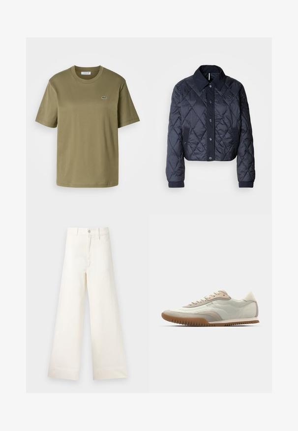 Navy blue quilted jacket with a large collar, button front, and elastic cuffs. Features diagonal stitching and side pockets. Soft, smooth texture.; Olive green cotton t-shirt with short sleeves, crew neckline, and a small embroidered crocodile logo on the left chest.; Wide-leg trousers in light beige cotton. Features a high waist, front pockets, and a straight cut. Clean hem finishing without patterns.; White and beige sneaker featuring a smooth upper with suede accents, a textured sole, and tonal stitching. Lace-up closure with logo detail.