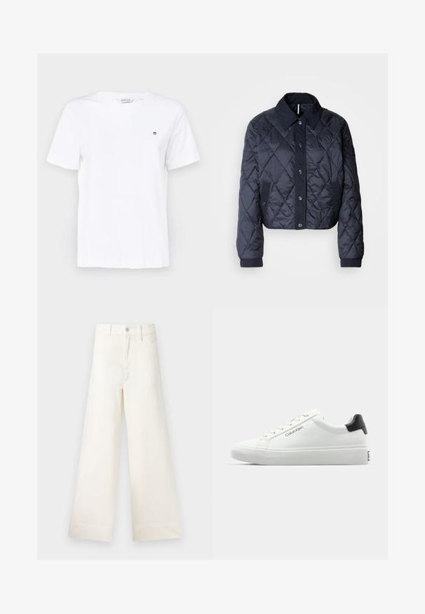 Mørkeblå quiltet jakke med en stor krave, knaplukning foran og elastiske manchetter. Har diagonal syning og sidelommer. Blød, glat tekstur.; Hvid bomulds T-shirt med korte ærmer, rund halsudskæring og et lille broderet logo på brystet. Glat tekstur og klassisk pasform.; Bredde benbukser i lys beige bomuld. Har høj talje, for- og baglommer samt lige pasform. Renset kantafslutning uden mønstre.; Hvid sneakers med en glat overflade, sort hælaccent og snørebåndsdesign. Har "Calvin Klein" branding på siden. Minimalistisk stil.