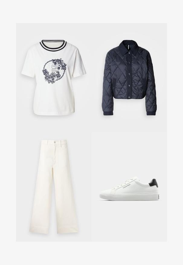 Marineblauwe gewatteerde jas met een grote kraag, knopen vooraan en elastische manchetten. Heeft diagonale stiksels en zijzakken. Zachte, gladde textuur.; Witte katoen T-shirt met een ronde bloemenafbeelding in marineblauw, voorzien van een geribbelde halslijn in zwart-witte strepen. Korte mouwen, ontspannen pasvorm.; Bredere broek van lichtbeige katoen. Heeft een hoge taille, voorzakken en een rechte snit. Schoon afgewerkte zoom zonder patronen.; Witte sneaker met een gladde afwerking, zwarte hielaccenten en vetersluiting. Bevat "Calvin Klein" branding aan de zijkant. Minimalistische stijl.