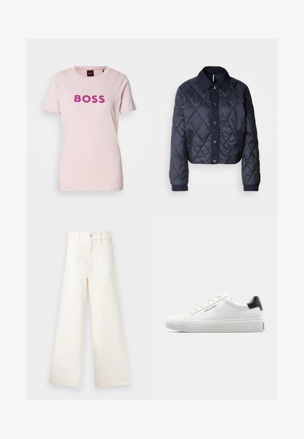 Navy blue quilted jacket with a large collar, button front, and elastic cuffs. Features diagonal stitching and side pockets. Soft, smooth texture.; Light pink cotton t-shirt featuring a bold purple "BOSS" logo in the center. Short sleeves and a classic crew neckline design.; Wide-leg trousers in light beige cotton. Features a high waist, front pockets, and a straight cut. Clean hem finishing without patterns.; White sneaker with a smooth finish, black heel accent, and lace-up design. Features "Calvin Klein" branding on the side. Minimalist style.
