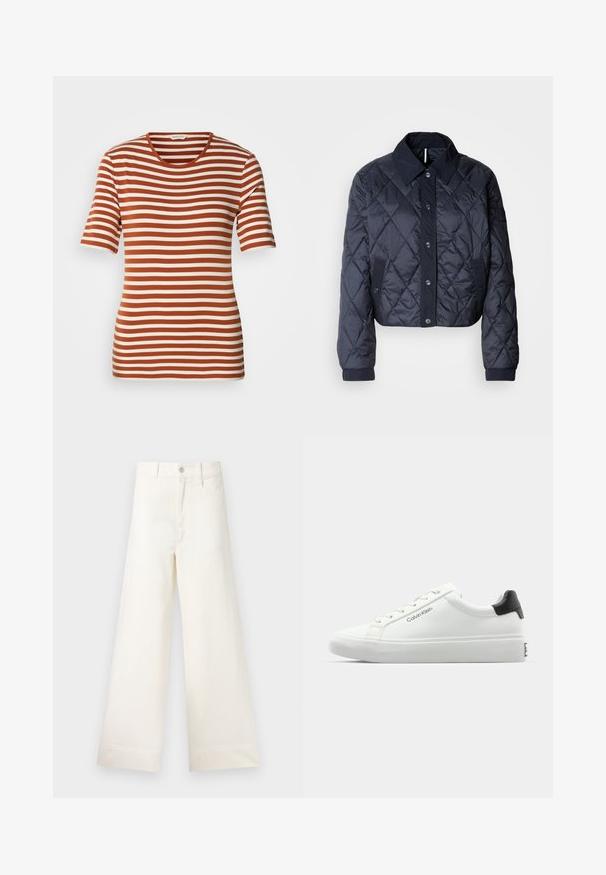 Navy blue quilted jacket with a large collar, button front, and elastic cuffs. Features diagonal stitching and side pockets. Soft, smooth texture.; Striped t-shirt featuring alternating rust and cream colors, short sleeves, a round neckline, and a soft, textured fabric.; Wide-leg trousers in light beige cotton. Features a high waist, front pockets, and a straight cut. Clean hem finishing without patterns.; White sneaker with a smooth finish, black heel accent, and lace-up design. Features "Calvin Klein" branding on the side. Minimalist style.
