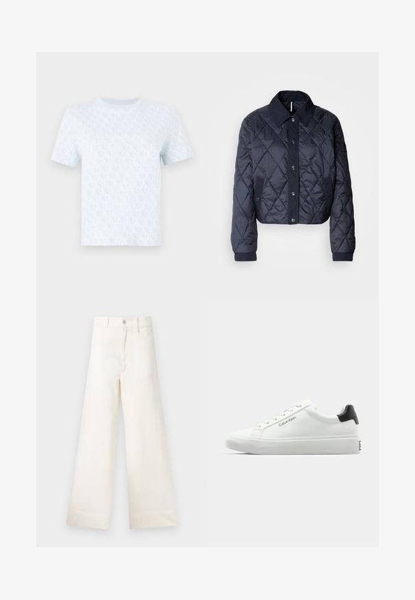 Navy blue quilted jacket with a large collar, button front, and elastic cuffs. Features diagonal stitching and side pockets. Soft, smooth texture.; Light blue short-sleeve t-shirt featuring a repetitive logo pattern, crew neckline, and soft fabric texture. Minimalist design.; Wide-leg trousers in light beige cotton. Features a high waist, front pockets, and a straight cut. Clean hem finishing without patterns.; White sneaker with a smooth finish, black heel accent, and lace-up design. Features "Calvin Klein" branding on the side. Minimalist style.