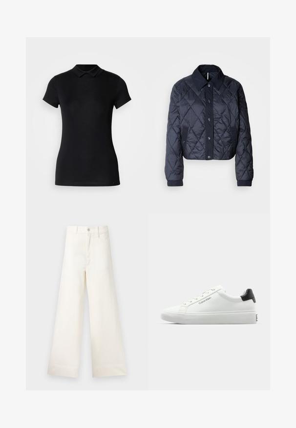 Mørkeblå quiltet jakke med en stor krave, knaplukning foran og elastiske manchetter. Har diagonal syning og sidelommer. Blød, glat tekstur.; Sort polo skjorte lavet af bomuldsblandingsstof. Har korte ærmer, en klassisk krave og en slank pasform. Glat tekstur med minimalt detaljer.; Bredde benbukser i lys beige bomuld. Har høj talje, for- og baglommer samt lige pasform. Renset kantafslutning uden mønstre.; Hvid sneakers med en glat overflade, sort hælaccent og snørebåndsdesign. Har "Calvin Klein" branding på siden. Minimalistisk stil.