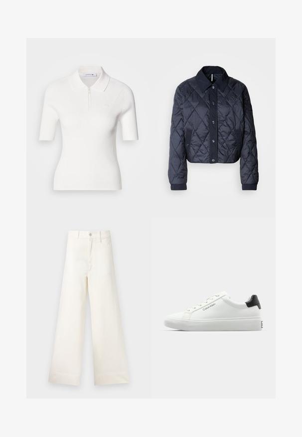 Casaco acolchoado azul marinho com um grande colarinho, fecho de botões e punhos elásticos. Apresenta costura diagonal e bolsos laterais. Textura suave e lisa.; Camisa branca de mangas curtas, estilo polo, com colarinho com fecho éclair, apresentando uma textura canelada subtil e um pequeno logotipo da Lacoste no peito.; Calças largas em algodão bege claro. Apresentam uma cintura alta, bolsos frontais e um corte reto. Acabamento de bainha limpo, sem padrões.; Sapatilha branca com acabamento liso, detalhe preto no calcanhar e design com atacadores. Apresenta a marca "Calvin Klein" na lateral. Estilo minimalista.
