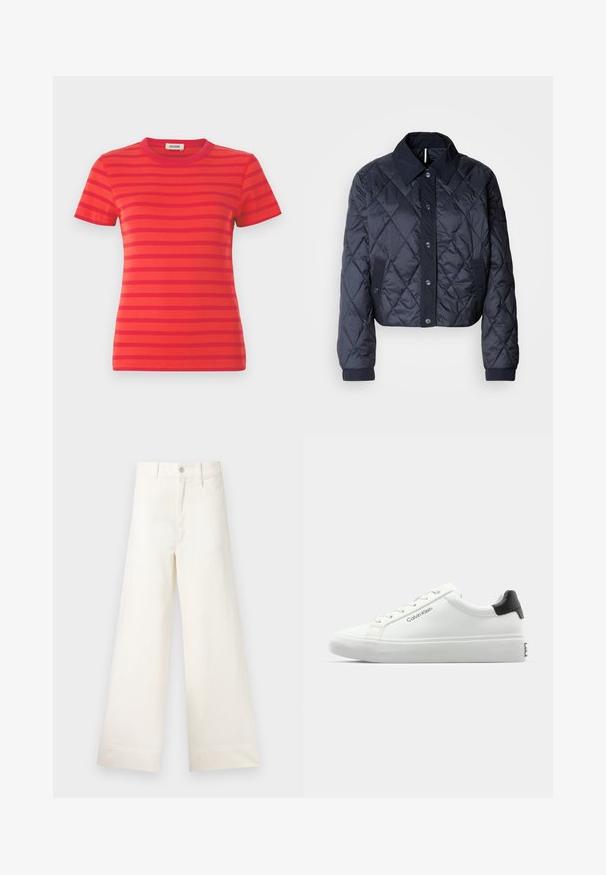 Granatowa pikowana kurtka z dużym kołnierzem, zapinana na guziki, z elastycznymi mankietami. Oferuje skośne przeszycia i boczne kieszenie. Miękka, gładka faktura.; Czerwony prążkowany t-shirt z poziomymi ciemnoczerwonymi paskami, okrągłym dekoltem i krótkimi rękawami, o dopasowanym kroju.; Szerokie spodnie w jasnym beżowym kolorze wykonane z bawełny. Charakteryzują się wysokim stanem, kieszeniami z przodu oraz prostym krojem. Czyste wykończenie brzegów bez wzorów.; Białe sneakersy o gładkim wykończeniu, z czarnym akcentem na pięcie i sznurowanym zapięciem. Posiadają branding "Calvin Klein" po bokach. Styl minimalistyczny.