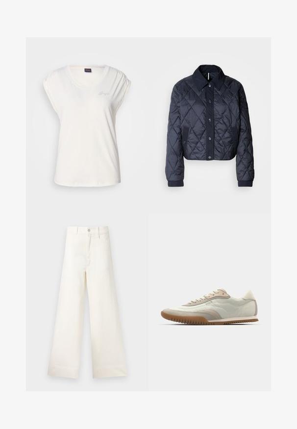 Navy blue quilted jacket with a large collar, button front, and elastic cuffs. Features diagonal stitching and side pockets. Soft, smooth texture.; White short-sleeve T-shirt with a scoop neck and gathered shoulder detail. Subtle logo in rhinestones on the left side. Soft fabric texture.; Wide-leg trousers in light beige cotton. Features a high waist, front pockets, and a straight cut. Clean hem finishing without patterns.; White and beige sneaker featuring a smooth upper with suede accents, a textured sole, and tonal stitching. Lace-up closure with logo detail.