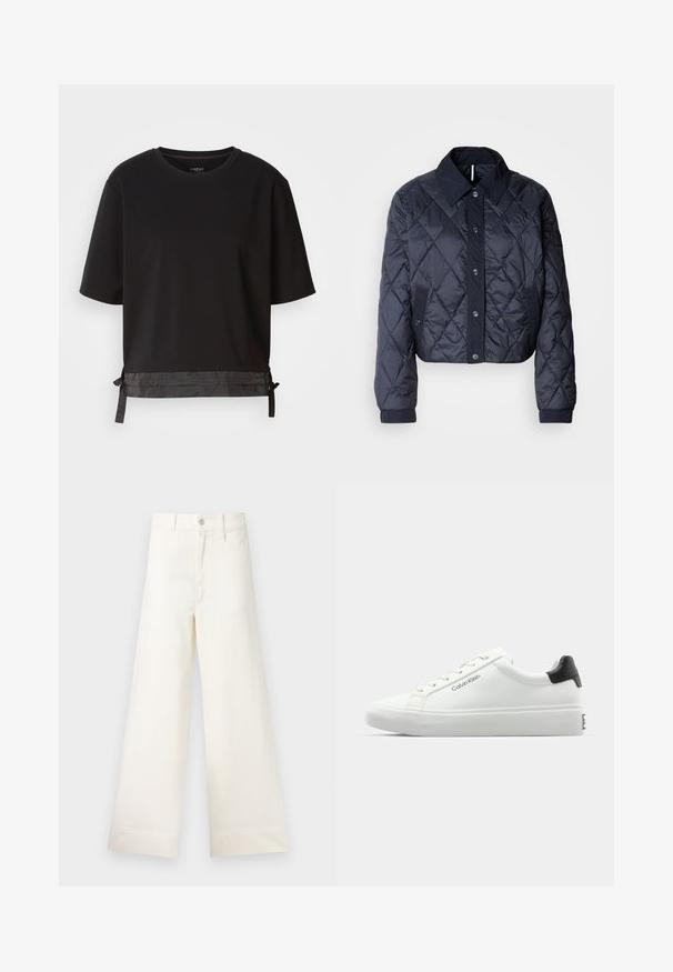 Granatowa pikowana kurtka z dużym kołnierzem, zapinana na guziki, z elastycznymi mankietami. Oferuje skośne przeszycia i boczne kieszenie. Miękka, gładka faktura.; Czarna koszulka z krótkim rękawem, wykonana z miękkiego materiału, z satynowym akcentem przy dolnym wykończeniu oraz regulowanymi sznurkami dla lepszego dopasowania.; Szerokie spodnie w jasnym beżowym kolorze wykonane z bawełny. Charakteryzują się wysokim stanem, kieszeniami z przodu oraz prostym krojem. Czyste wykończenie brzegów bez wzorów.; Białe sneakersy o gładkim wykończeniu, z czarnym akcentem na pięcie i sznurowanym zapięciem. Posiadają branding "Calvin Klein" po bokach. Styl minimalistyczny.