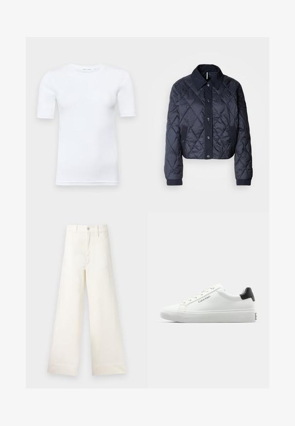 Navy blue quilted jacket with a large collar, button front, and elastic cuffs. Features diagonal stitching and side pockets. Soft, smooth texture.; White short-sleeve t-shirt made of cotton. Features a round neckline and a smooth texture, with minimal stitching visible at the hem.; Wide-leg trousers in light beige cotton. Features a high waist, front pockets, and a straight cut. Clean hem finishing without patterns.; White sneaker with a smooth finish, black heel accent, and lace-up design. Features "Calvin Klein" branding on the side. Minimalist style.