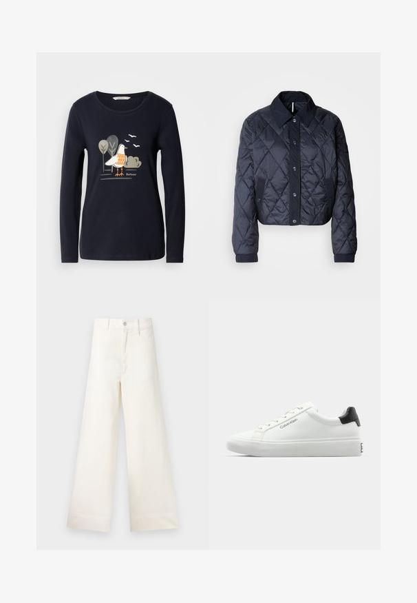Ναυτικών μπλε καπιτονέ μπουφάν με μεγάλο γιακά, κουμπιά μπροστά και ελαστικές μανσέτες. Διαθέτει διαγώνιες ραφές και πλαϊνές τσέπες. Μαλακή, λεία υφή.; Μπλέ μπλουζάκι με μακριά μανίκια που διαθέτει γραφικό ενός πουλιού με πορτοκαλί λεπτομέρειες, περιτριγυρισμένο από στιλιζαρισμένα δέντρα και πουλιά σε μινιμαλιστικό σχέδιο.; Φαρδιές παντελόνες από ανοιχτό μπεζ βαμβάκι. Διαθέτουν ψηλή μέση, μπροστινές τσέπες και ευθεία γραμμή. Καθαρό τελείωμα χωρίς σχέδια.; Λευκό αθλητικό παπούτσι με λεία φινίρισμα, μαύρη λεπτομέρεια στη φτέρνα και σχέδιο που δένει με κορδόνια. Φέρει το λογότυπο "Calvin Klein" στην πλευρά. Μινιμαλιστικός σχεδιασμός.