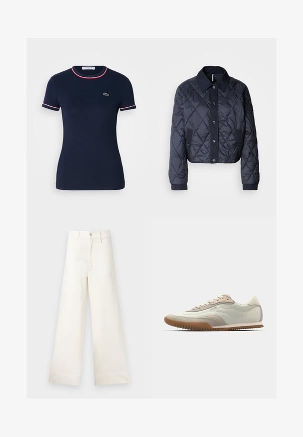 Navy blue quilted jacket with a large collar, button front, and elastic cuffs. Features diagonal stitching and side pockets. Soft, smooth texture.; Navy blue cotton t-shirt with a round neck, short sleeves, and red and white trim. Features a small green logo on the left chest.; Wide-leg trousers in light beige cotton. Features a high waist, front pockets, and a straight cut. Clean hem finishing without patterns.; White and beige sneaker featuring a smooth upper with suede accents, a textured sole, and tonal stitching. Lace-up closure with logo detail.