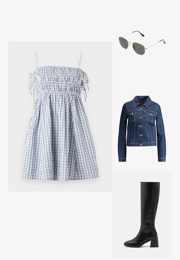 Mörkblå denimjacka med krage, knappar fram och två bröstfickor. Har gula sömmar och en kortad design.; Blå och vit rutigt klänning med smockad överdel, tunna band och en flödande kjol, tillverkad i lätt tyg. Har dragsko-detaljer.; ONLY SHOES ONLBIJOU KNEE HIGH BOOT - Stövel - black; Guldmetallramda solglasögon med mörkgröna linser, pilotstil, med smala armfästen och sköldpaddsmönstra detaljer på spetsarna.