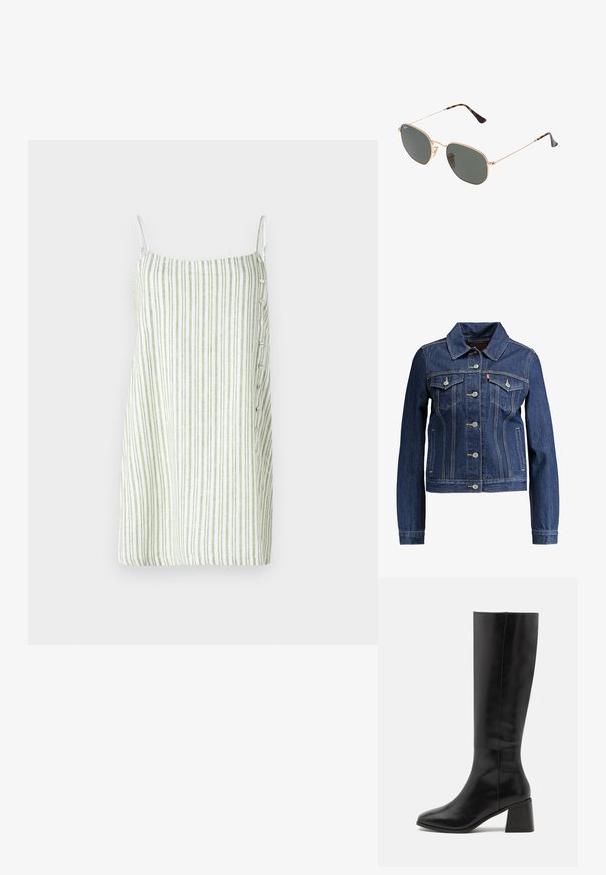 Dark blue denim jacket with a collar, button front, and two chest pockets. Features yellow stitching and a cropped design.; Striped sleeveless dress in white and green, featuring a straight cut, linen-like texture, and button detailing on the side.; ONLY SHOES ONLBIJOU KNEE HIGH BOOT - Boots - black; Gold metal-frame sunglasses with dark green lenses, aviator style, featuring slim arms and tortoiseshell accents on the tips.; Black quilted leather handbag with a gold chain strap and a toggle clasp featuring a circular accent. Compact rectangular shape.